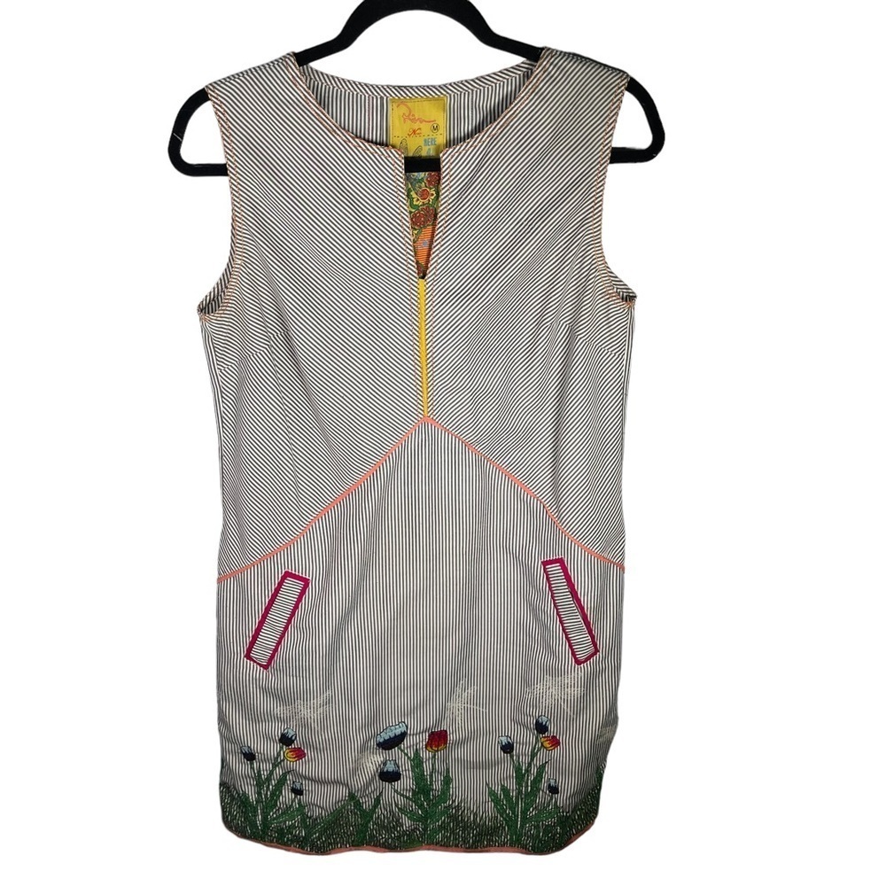 Riva Striped Embroidered Dragonfly Floral Dress Size Medium